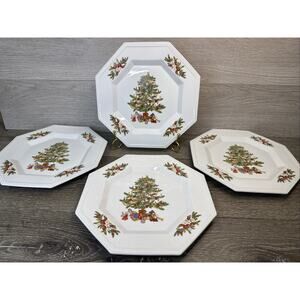 Fairfield Christmas Tree Octagon PEACE ON EARTH 10 1/8" Dinner Plates - Set of 4